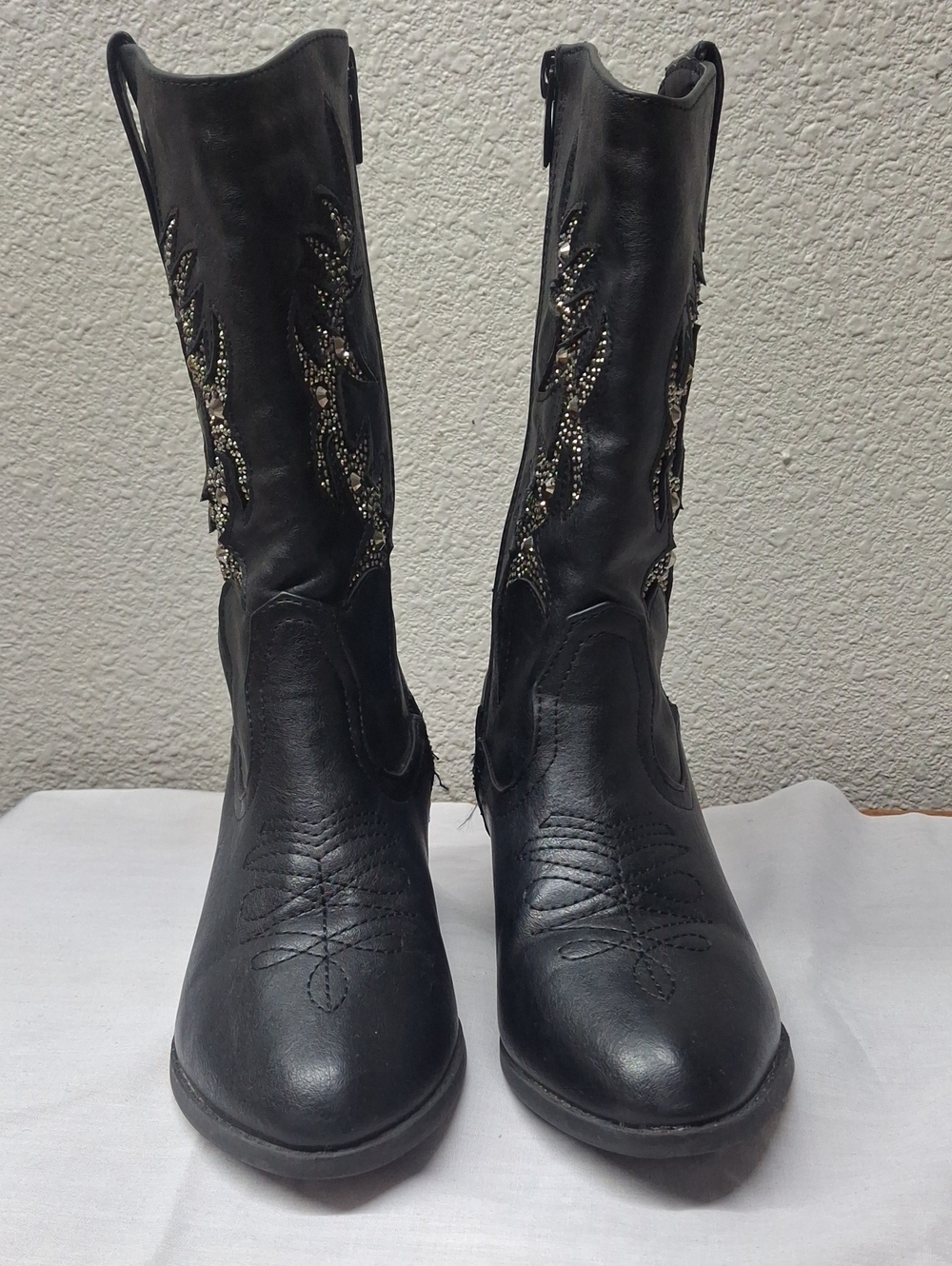 Black Embellished Mid-Calf Western Heeled Boots